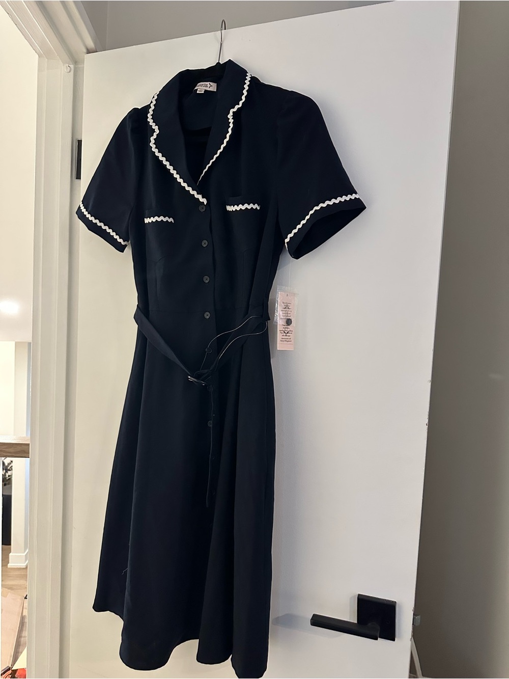 Classic Navy Button-Front Dress with White Trim